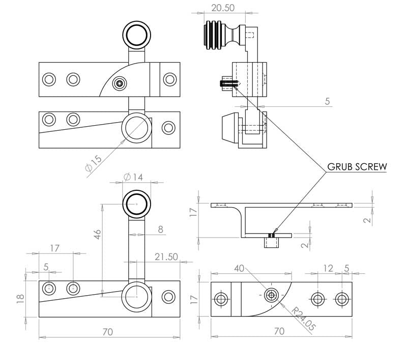 Technical drawing of of Frelan - Jedo Lockable Quadrant Sash Fasteners 70x20mm Satin Chrome Sku. JV4200LSC