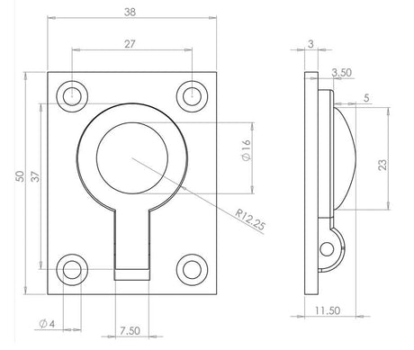 Technical drawing of of Frelan - Jedo 38x50mm Flush Rings 38x50mm Satin Chrome Sku. JV424ASC