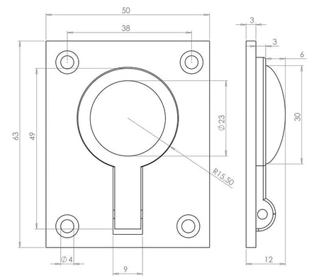 Technical drawing of of Frelan - Jedo 50x63mm Flush Rings 50x63mm Satin Chrome Sku. JV424BSC