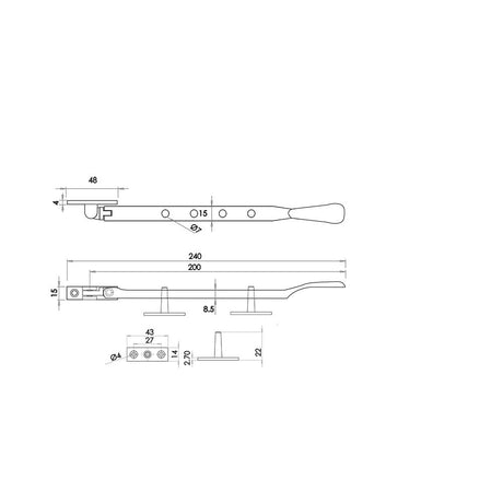 Technical drawing of of Frelan - Victorian Casement Stays 200mm Polished Chrome Sku. JV44APC