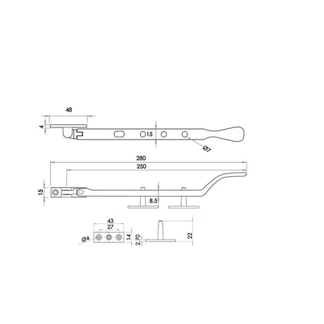 Technical drawing of of Frelan - Victorian Casement Stays 250mm Polished Chrome Sku. JV44SPC
