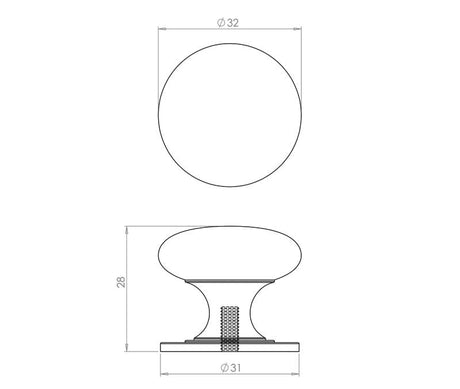 Technical drawing of of Frelan - Jedo Traditional Cupboard Knobs 32mm Polished Chrome Sku. JV47BPC