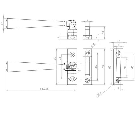 Technical drawing of of Frelan - Jedo Julietta Casement Fasteners 110mm Polished Brass Sku. JV4917PB