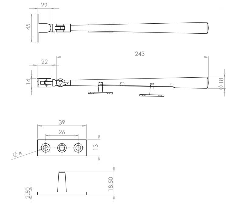 Technical drawing of of Frelan - Julietta Casement Stays 250mm Satin Chrome Sku. JV4925SC
