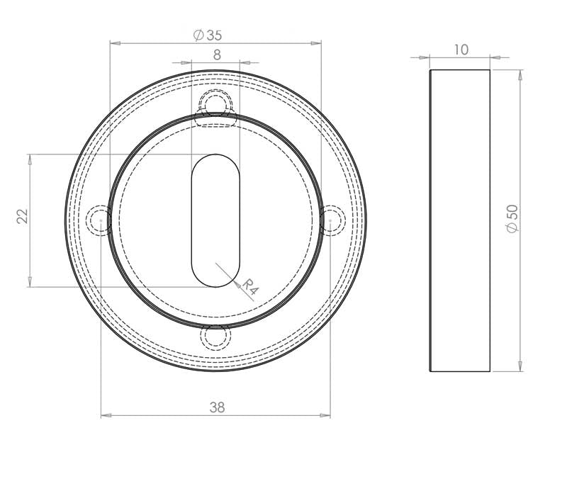 Technical drawing of of Frelan - Jedo Dual Standard Keyway Escutcheons on 50mm Round Rose Polished Chrome / Satin Chrome Sku. JV503PCSC