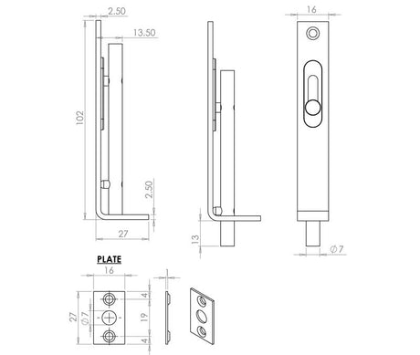 Technical drawing of of Frelan - Jedo Brass Slide Action Flushbolts 102x16mm Polished Chrome Sku. JV5640APC