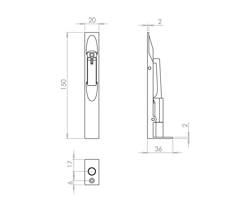 Technical drawing of of Frelan - Jedo Brass Lever Action Flushbolts 150x19mm Satin Chrome Sku. JV5640BSC