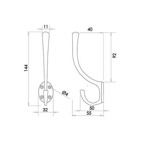 Technical drawing of of Frelan - Jedo Solid Brass Hat & Coat Hook 142mm Polished Chrome Sku. JV60PC