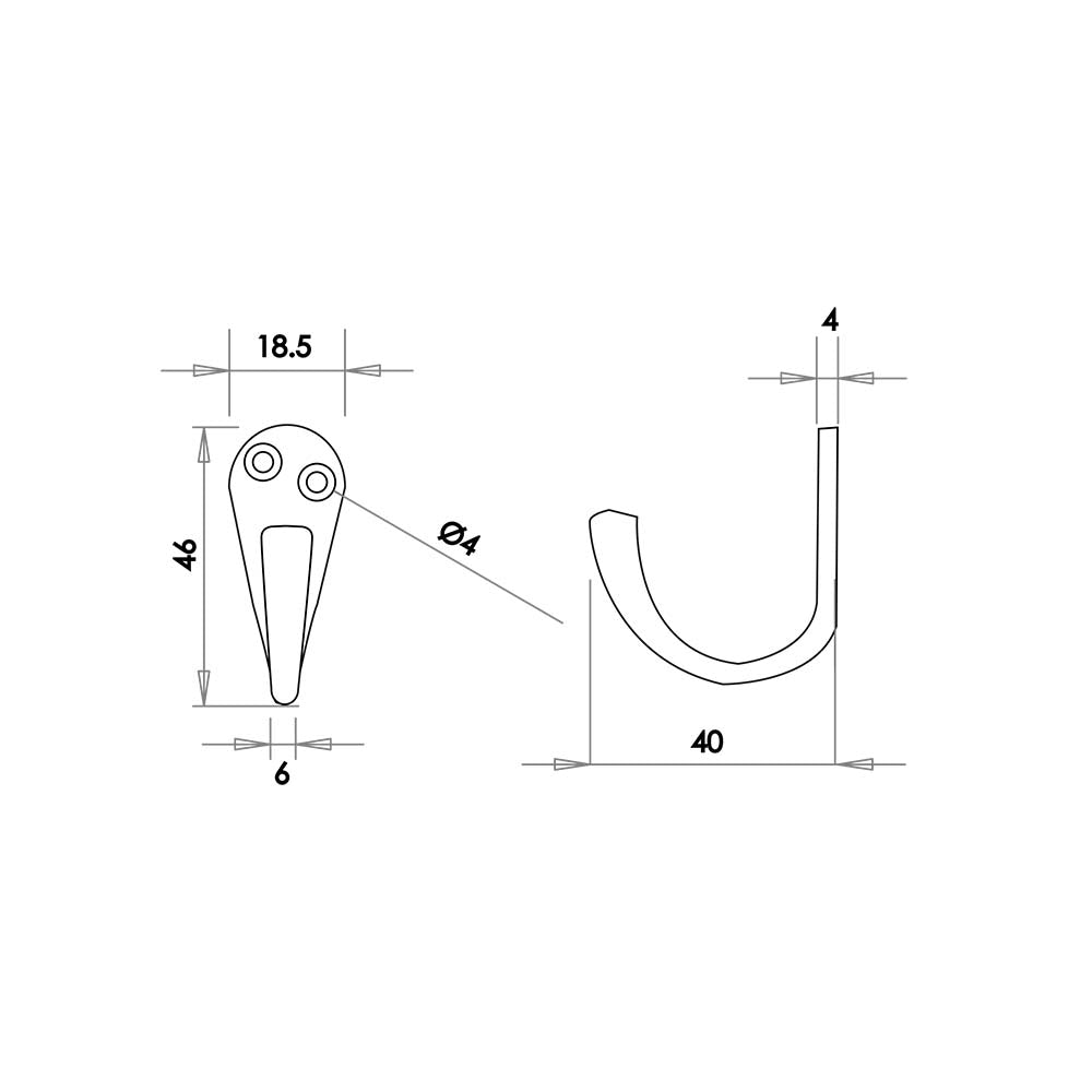 Technical drawing of of Frelan - Jedo Single Robe Hooks 44mm Polished Chrome Sku. JV61PC