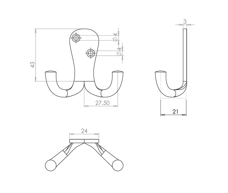 Technical drawing of of Frelan - Jedo Double Robe Hooks 53mm Polished Chrome Sku. JV62PC