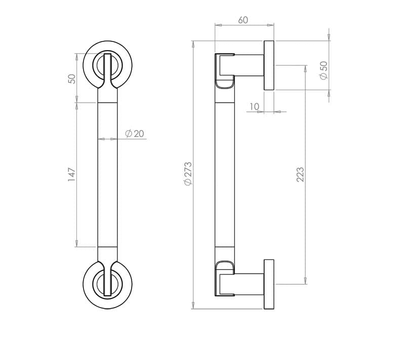 Technical drawing of of Frelan - Jedo Lydia Pull Handles 225mm Polished Chrome / Satin Chrome Sku. JV791PCSC