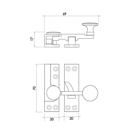 Technical drawing of of Frelan - Jedo Quadrant Sash Fasteners 70mm Polished Brass Sku. JV83PB