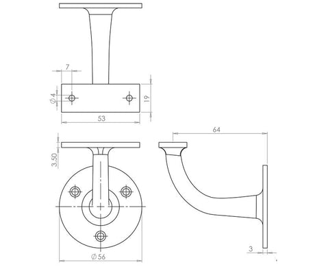Technical drawing of of Frelan - Jedo Solid Brass Handrail Brackets 64mm Satin Chrome Sku. JV85HASC