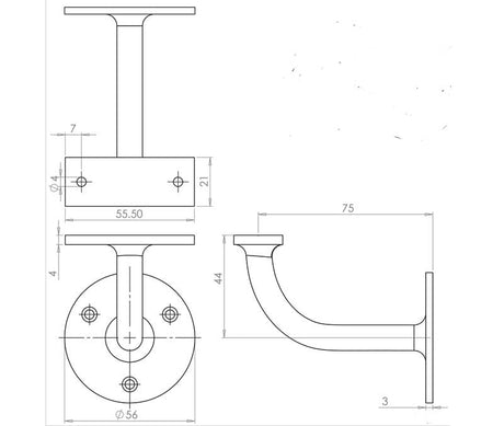 Technical drawing of of Frelan - Jedo Solid Brass Handrail Brackets 75mm Satin Chrome Sku. JV85HBSC