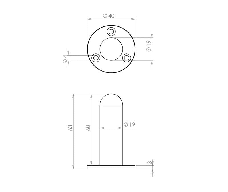 Technical drawing of of Frelan - Jedo Cylinder Wall Mounted Door Stop on Rose 65mm Satin Chrome Sku. JV9551ASC