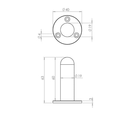 Technical drawing of of Frelan - Jedo Cylinder Wall Mounted Door Stop on Rose 65mm Polished Brass Sku. JV9551APB