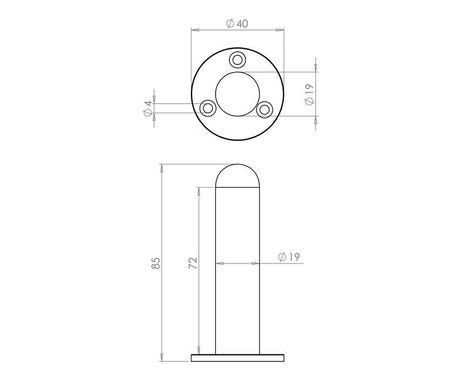 Technical drawing of of Frelan - Jedo Cylinder Wall Mounted Door Stop on Rose 75mm Satin Chrome Sku. JV9551BSC