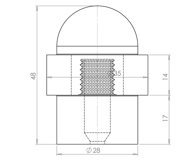 Technical drawing of of Frelan - Jedo Dome Topped Floor Mounted Door Stop 48x28mm Polished Chrome Sku. JV9560PC