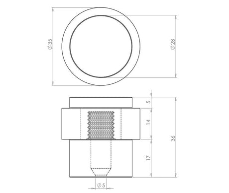 Technical drawing of of Frelan - Jedo Cylinder Floor Mounted Door Stop 36x28mm Satin Chrome Sku. JV9565SC