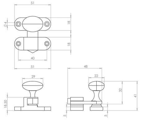 Technical drawing of of Frelan - Jedo Throw Over Catch 51mm 51mm Satin Chrome Sku. JVCCSC1