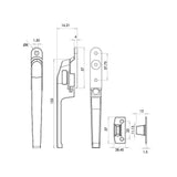 Technical drawing of of Frelan - Jedo Modern Non Lockable Casement Fasteners 124mm Satin Chrome Sku. JW78SC