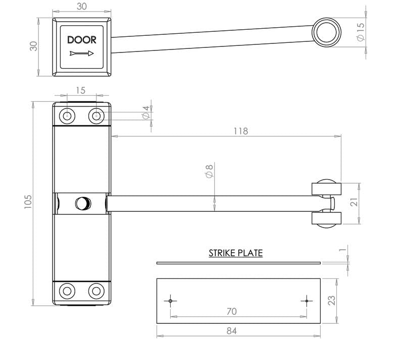 Technical drawing of of Frelan - Jedo Surface Mounted Door Closer White Sku. JW901WH