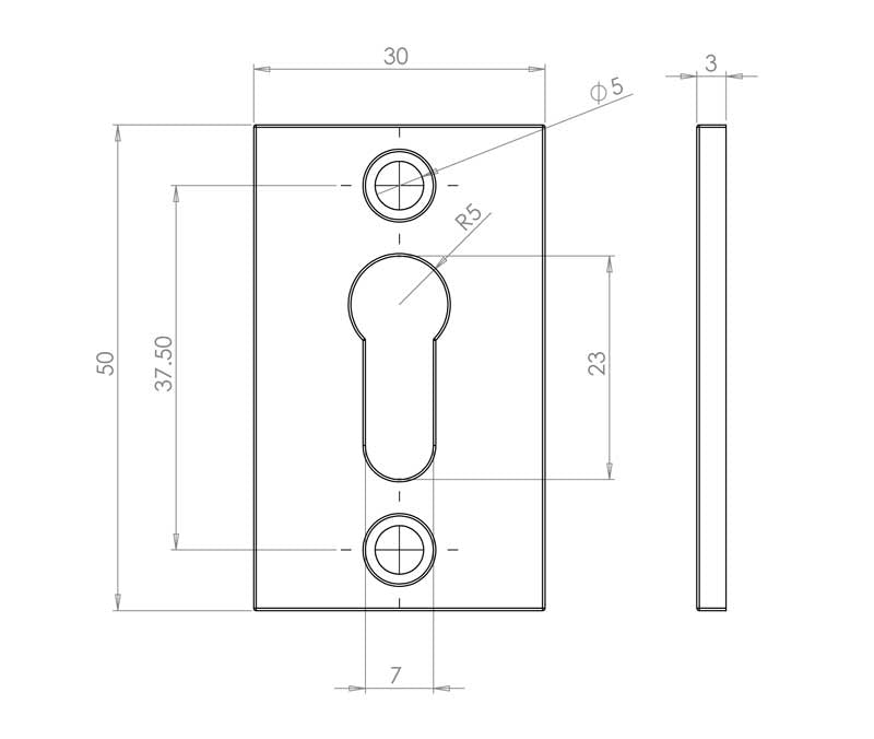 Technical drawing of of Frelan - Antique Rectangular Escutcheons 50x32mm Black Sku. JAB70