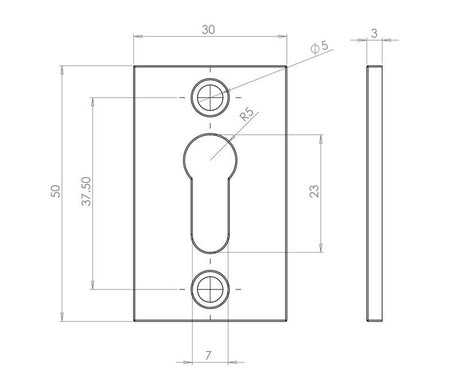 Technical drawing of of Frelan - Antique Rectangular Escutcheons 50x32mm Black Sku. JAB70