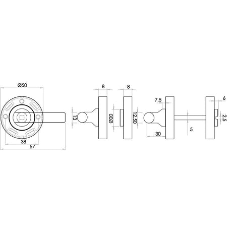 Technical drawing of of Frelan - Turns & Releases F2 Finish Satin Anodised Aluminium Sku. SAA21