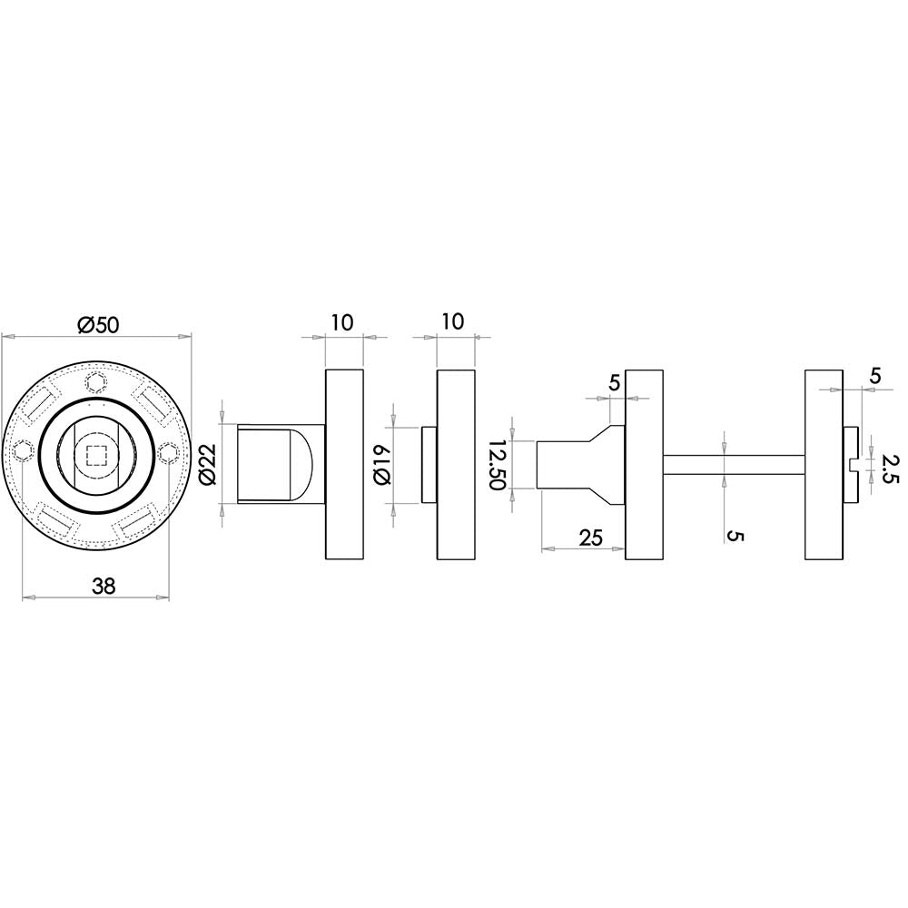 Technical drawing of of Frelan - Turns & Releases F2 Finish Satin Anodised Aluminium Sku. SAA20