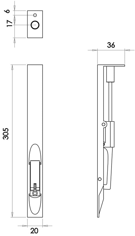 Technical drawing of of Frelan - Jedo Brass Lever Action Flushbolts 305x20mm Polished Brass Sku. JV5640EPB