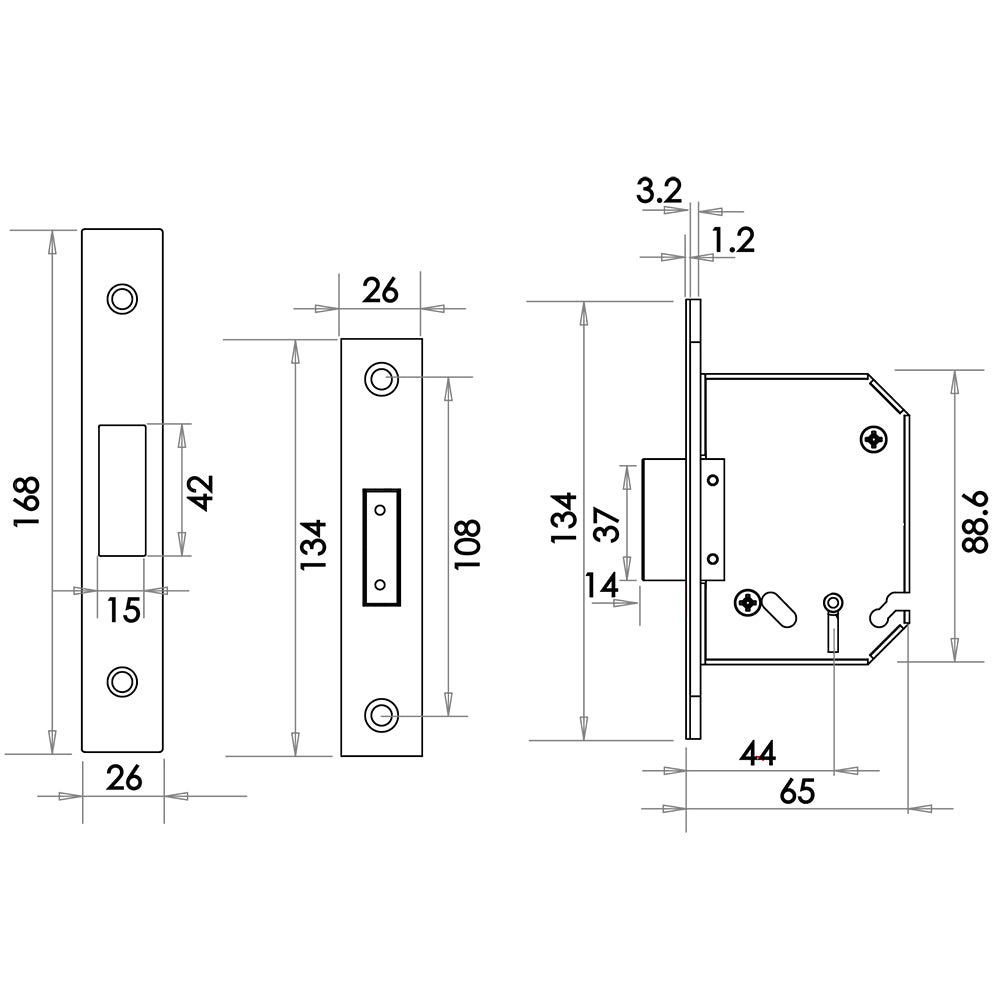 Technical drawing of of Frelan - Jedo 3 Lever Deadlocks 65mm Satin Chrome Sku. JL1092SC