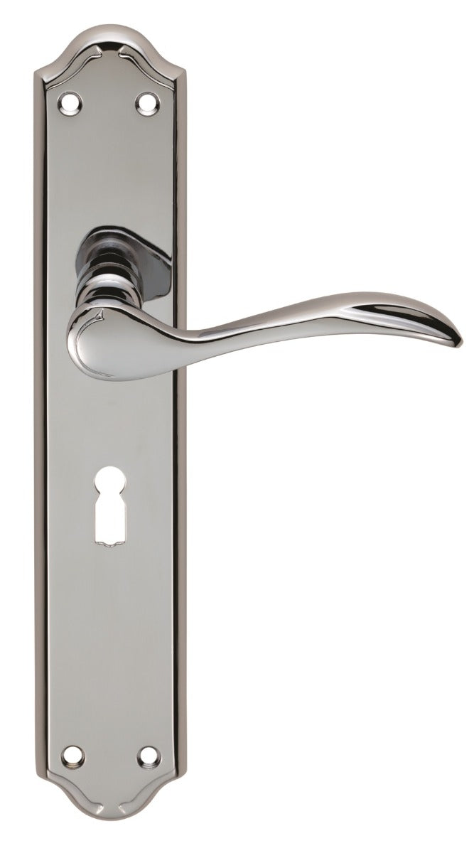 High quality image of Carlisle Brass - Madrid Lever on Long Lock Backplate - Polished Chrome | Sku. dl290cp | Trade Door Handles.