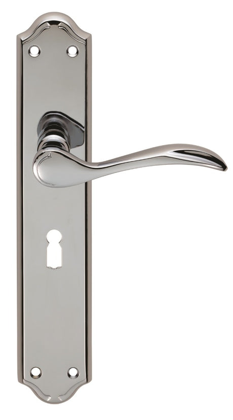 High quality image of Carlisle Brass - Madrid Lever on Long Lock Backplate - Polished Chrome | Sku. dl290cp | Trade Door Handles.