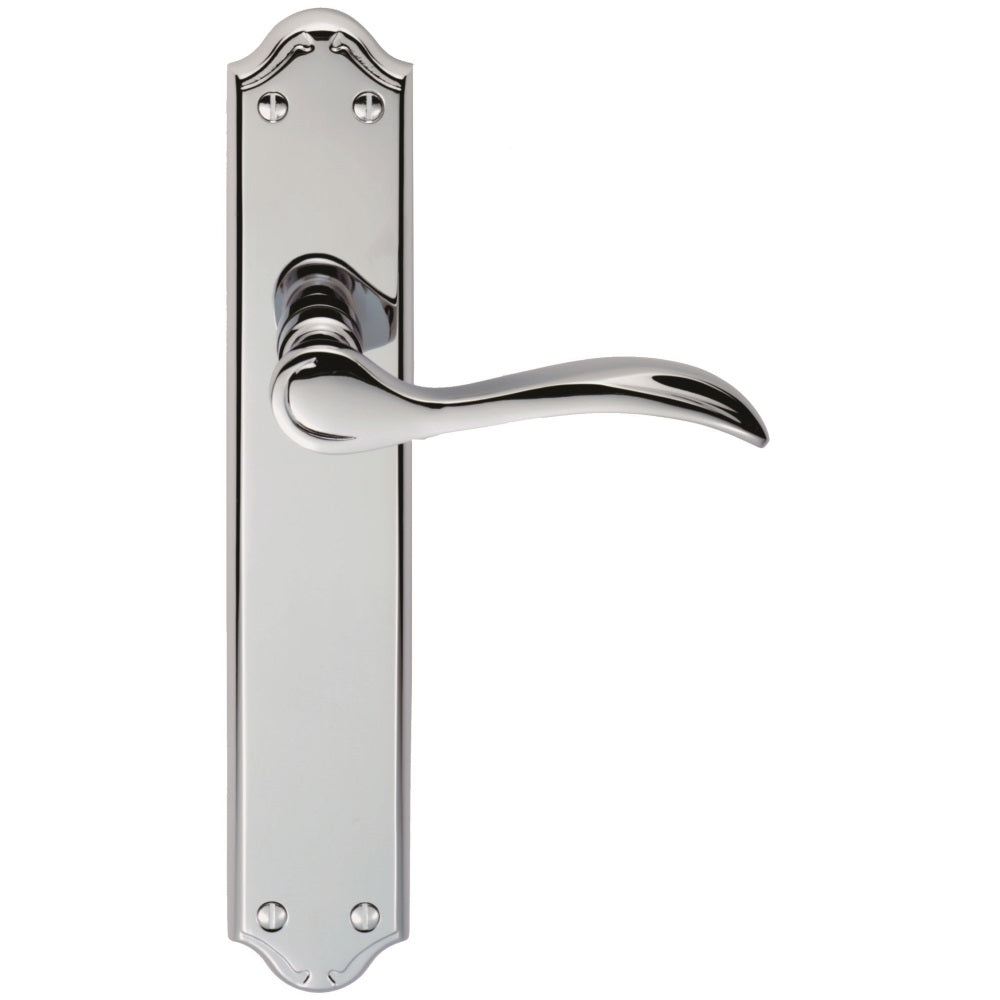 High quality image of Carlisle Brass - Madrid Lever on Long Latch Backplate - Polished Chrome | Sku. dl291cp | Trade Door Handles.