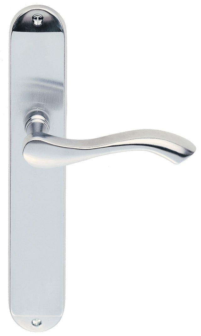High quality image of Carlisle Brass - Andros Lever on Long Latch Backplate - Satin Chrome | Sku. dl381sc | Trade Door Handles.