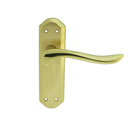 High quality image of Carlisle Brass - Lytham Lever on Latch backplate - Dual Finish-Satin/Polished Brass | Sku. dl451sbpb | Trade Door Handles.