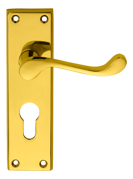 High quality image of Carlisle Brass - Victorian Scroll Lever on Euro Lock Backplate - Polished Brass | Sku. dl54y | Trade Door Handles.