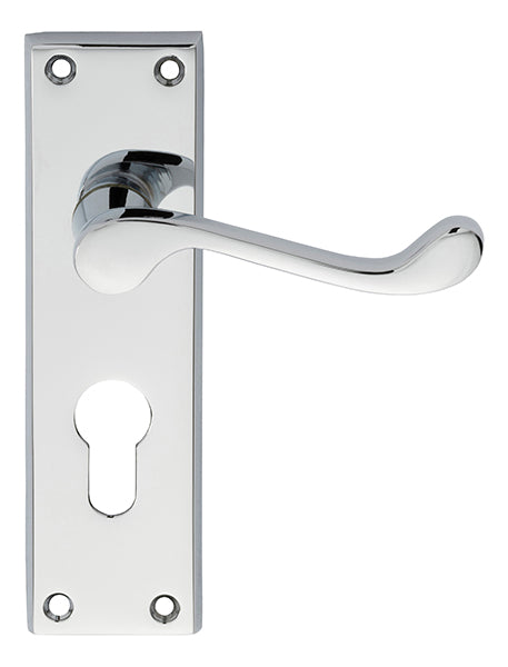 High quality image of Carlisle Brass - Victorian Scroll Lever on Euro Lock Backplate - Polished Chrome | Sku. dl54ycp | Trade Door Handles.