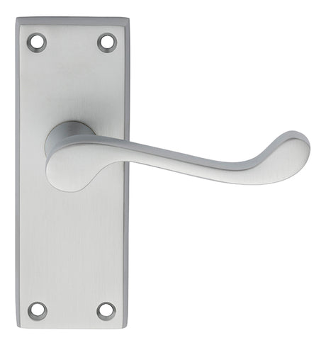 High quality image of Carlisle Brass - Victorian Scroll Lever on Short Latch Backplate - Satin Chrome | Sku. dl55sc | Trade Door Handles.