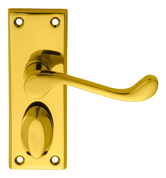 High quality image of Carlisle Brass - Victorian Scroll Lever on Short Privacy Backplate - Polished Brass | Sku. dl55wc | Trade Door Handles.