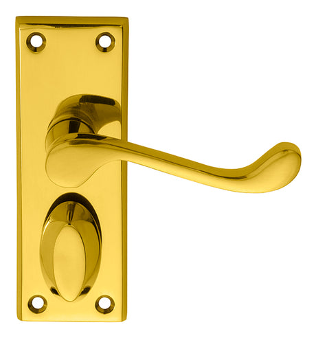 High quality image of Carlisle Brass - Victorian Scroll Lever on Short Privacy Backplate - Polished Brass | Sku. dl55wc | Trade Door Handles.