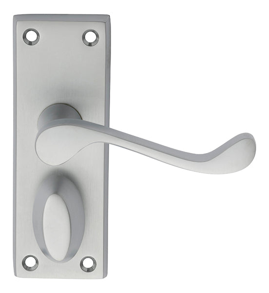 High quality image of Carlisle Brass - Victorian Scroll Lever on Short Privacy Backplate - Satin Chrome | Sku. dl55wcsc | Trade Door Handles.