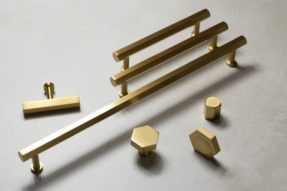 High quality image of Millhouse Brass Pennington Hexagonal Finger Pull Cabinet Knob Handle - Satin Brass | mhch1338sb | Lifestyle image.