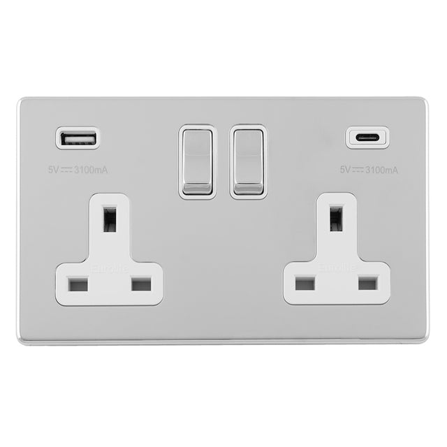 This is an image of Eurolite - Concealed 3mm Concealed 3mm 2 Gang Usbc Socket Polished Chrome (With White Trim) | Sku. ecpc2usbcw | available from Trade Door Handles.