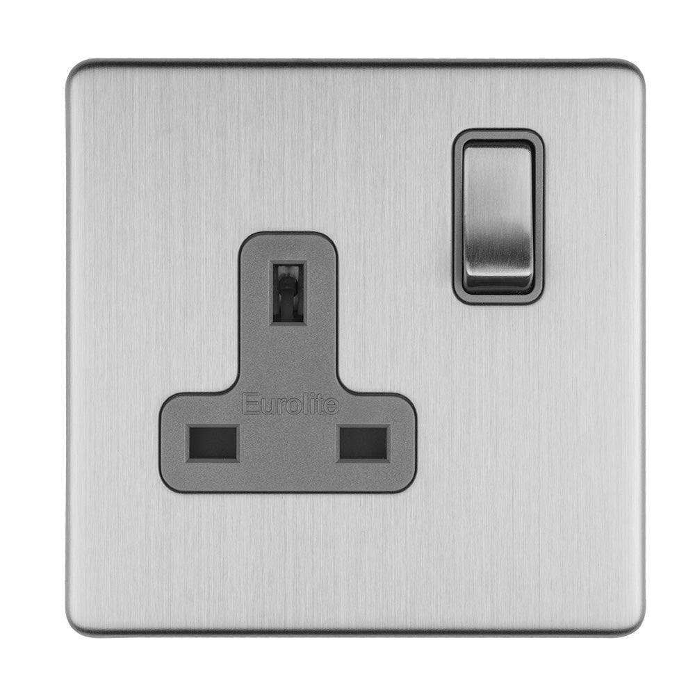 This is an image of Eurolite - Concealed 3mm 1 Gang 13Amp Dp Switched Socket Stainless Steel (With Grey Trim) | Sku. ecss1sog | available from Trade Door Handles.