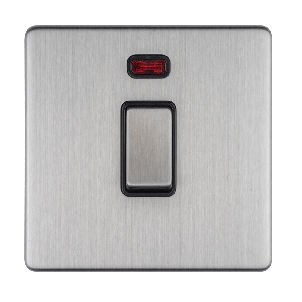 This is an image of Eurolite - Concealed 3mm 1 Gang 20Amp Dp Switch & Neon Stainless Steel (With Black Trim) | Sku. ecss20adpswnb | available from Trade Door Handles.