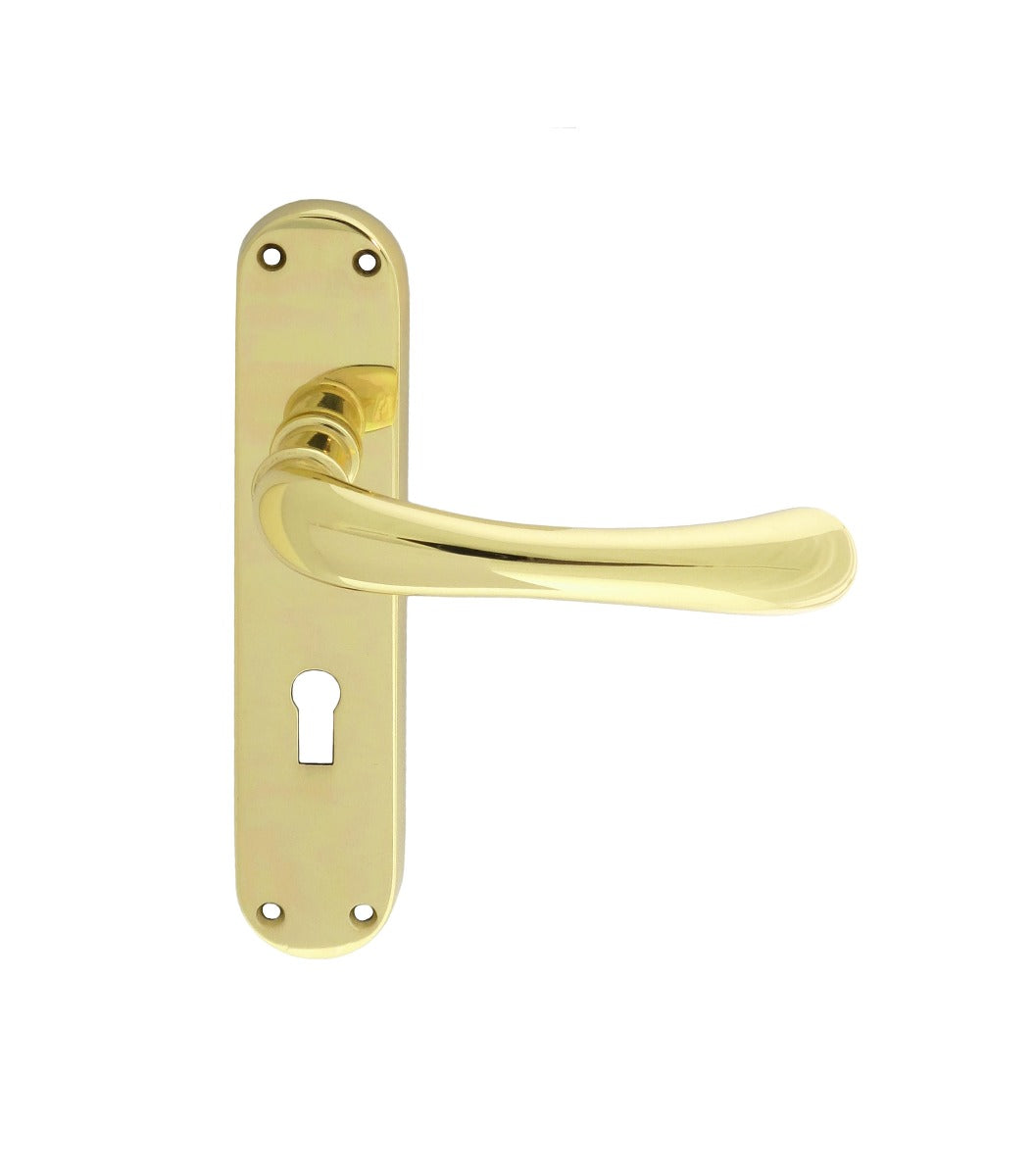 High quality image of Manital - Ibra Lever on Lock Backplate - Polished Brass | Sku. el11 | Trade Door Handles.