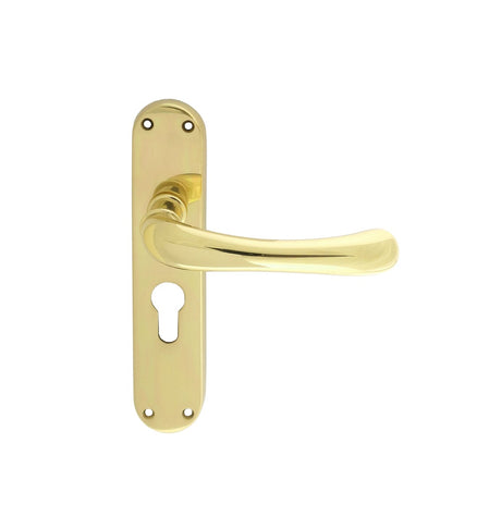 High quality image of Manital - Ibra Lever on Euro Lock Backplate - Polished Brass | Sku. el11y | Trade Door Handles.