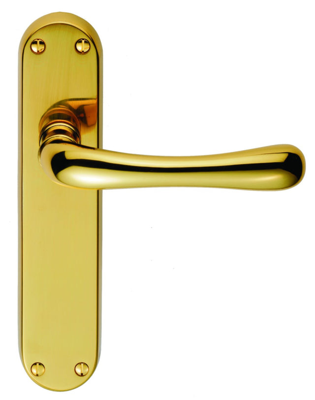 High quality image of Manital - Ibra Lever on Latch Backplate - Polished Brass | Sku. el12 | Trade Door Handles.